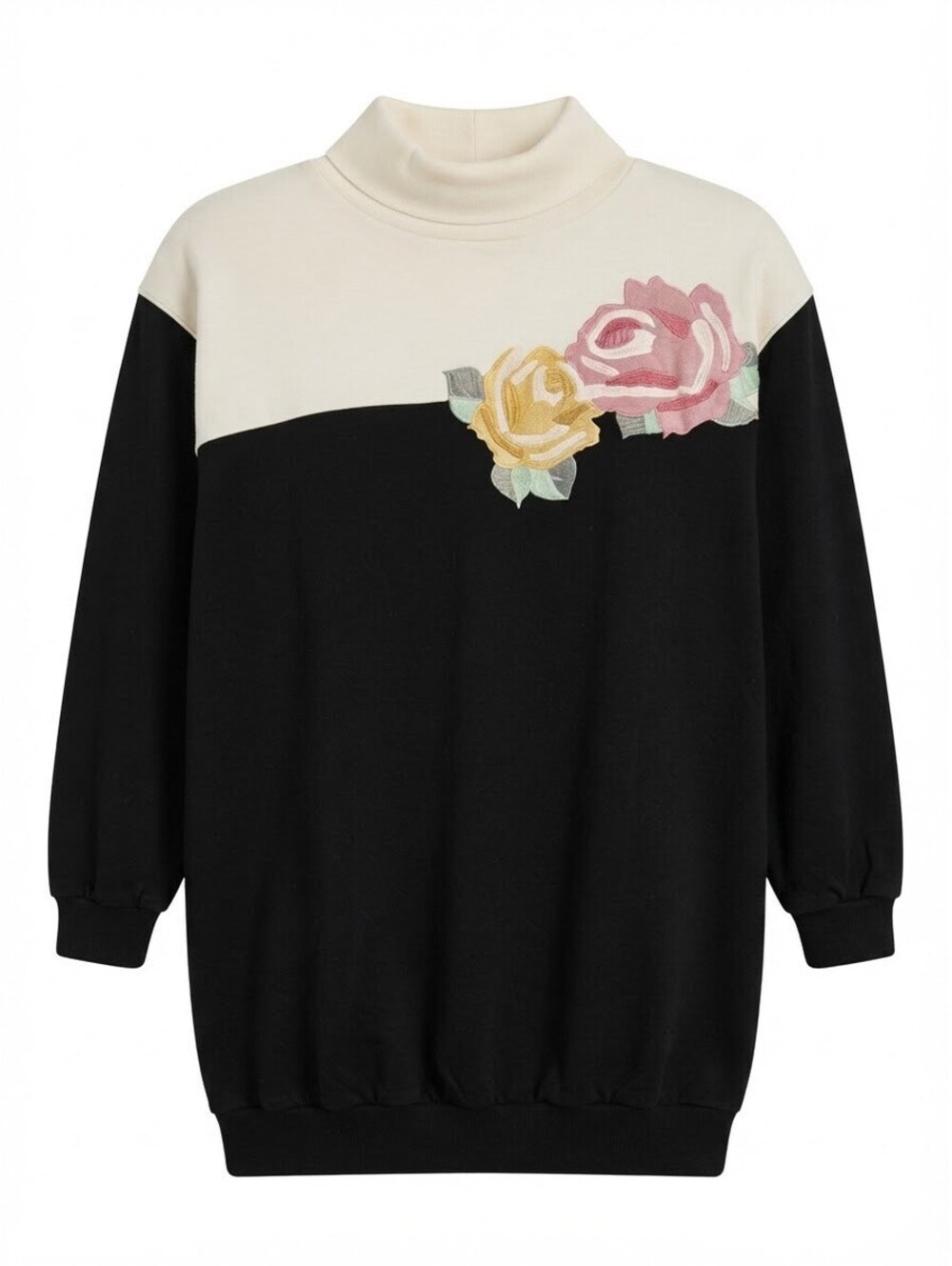 CHAUS WOMAN Vintage 80s Colorblock Tunic Sweatshirt Embroidered Rose 1X